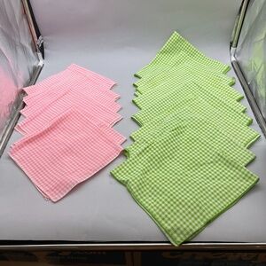 Two Sets of Gently Used Gingham Check Napkins 6 Pink, 8 Green